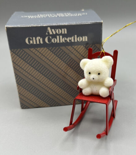 Primary image for Ornament Avon collection Metal Teddy in a Rocking Chair Red White Bear Bow Boxed
