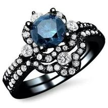 3.00 Ct Round Cut Blue Topaz Bridal Set Band Ring 14k Black Gold Finish - £120.63 GBP