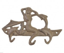 Metal Wall Hook Rack Mermaid &amp; Dolphins Rust Brown Beach Home Lake Decor 7.25&quot; W - £8.59 GBP