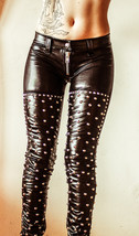 Women  Zipper Gold Studded  Genuine Brown  Leather  Pants Mono ectric - £170.35 GBP