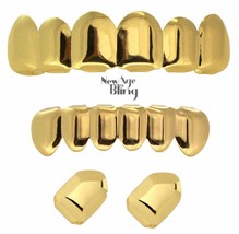 Custom Fit 14k Gold Plated Top &amp; Bottom Grillz Caps + 2 Single Teeth Set... - £8.87 GBP