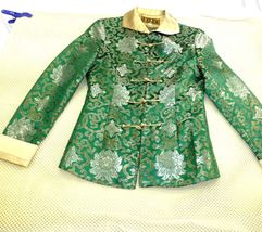 Elegant Green &amp; Gold Asian-Inspired Brocade Jacket With Frog Closures &amp; ... - $19.00
