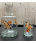 Glass Pitcher Apricot Grove Orange Blue Open Top Cup Set Vintage - $30.80