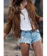 Women's Brown Color Western Style Long Fringed Suede Leather Handmade Jacket - $156.79