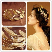 Vintage Crystal  Headband Bride Tiara Headpiece Gold Color Leaf Hair Jewelry Wed - £20.18 GBP