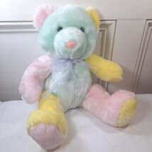 Vintage Pastel Teddy Bear plush sheer bow patchwork green pink yellow ba... - $30.00