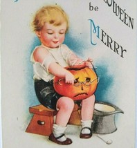 Vintage Halloween Postcard Ellen Clapsaddle Wolf 21 Girl Puts Glasses On Pumpkin - £122.96 GBP