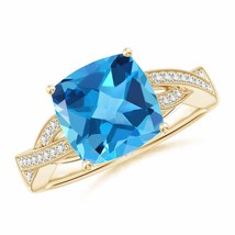 ANGARA Solitaire Cushion Swiss Blue Topaz Criss Cross Ring with Diamonds - £663.00 GBP