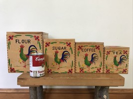 Set 4 Vtg Wooden Rooster Nesting Kitchen Canisters Coffee Sugar Flour Containers - £99.55 GBP