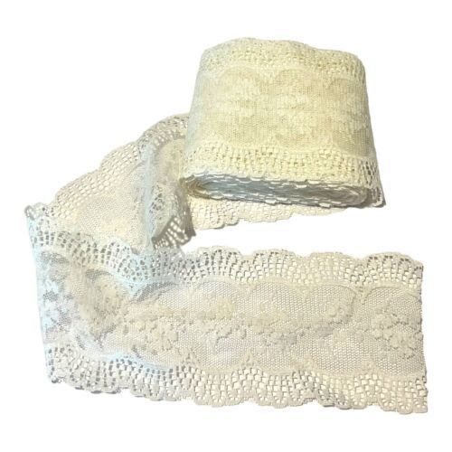 Primary image for Vintage Fancy Scalloped Stretch Lingerie White Floral Lace Trim Roll 3.5” Wide
