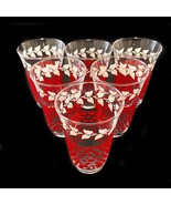 Set 6 Retro Tumbler Drinking Glasses Red Dot White Leave Mid-Century Vin... - £27.67 GBP