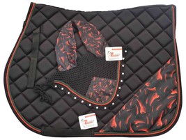 RED CHILLI THEMED ENGLISH SADDLE PAD SET FLY VEIL HORSE  EARS ZAINEE SPORTS - £35.78 GBP
