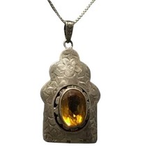 Art Deco Etched 830 Sterling Silver Citrine Pendant Necklace 18” - £99.91 GBP