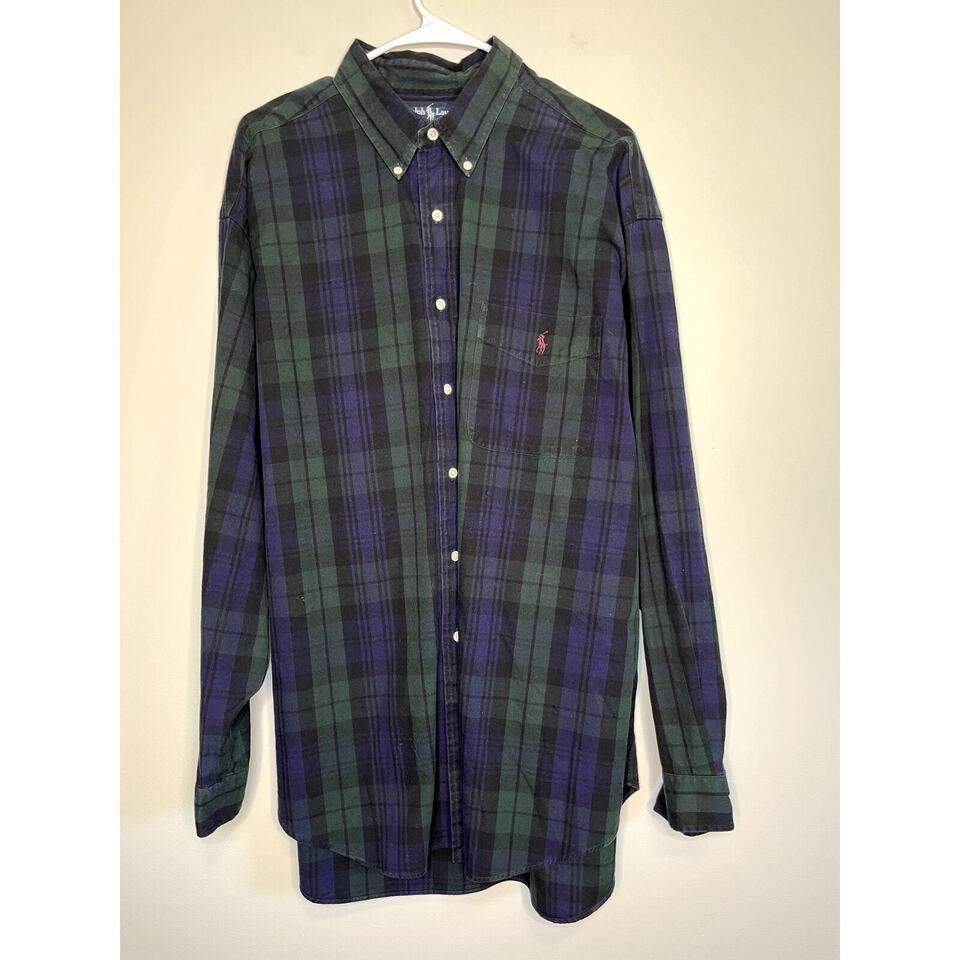 2000s Ralph Lauren Big Shirt Navy Green Plaid Academia Old Money Oxford XL - $32.00