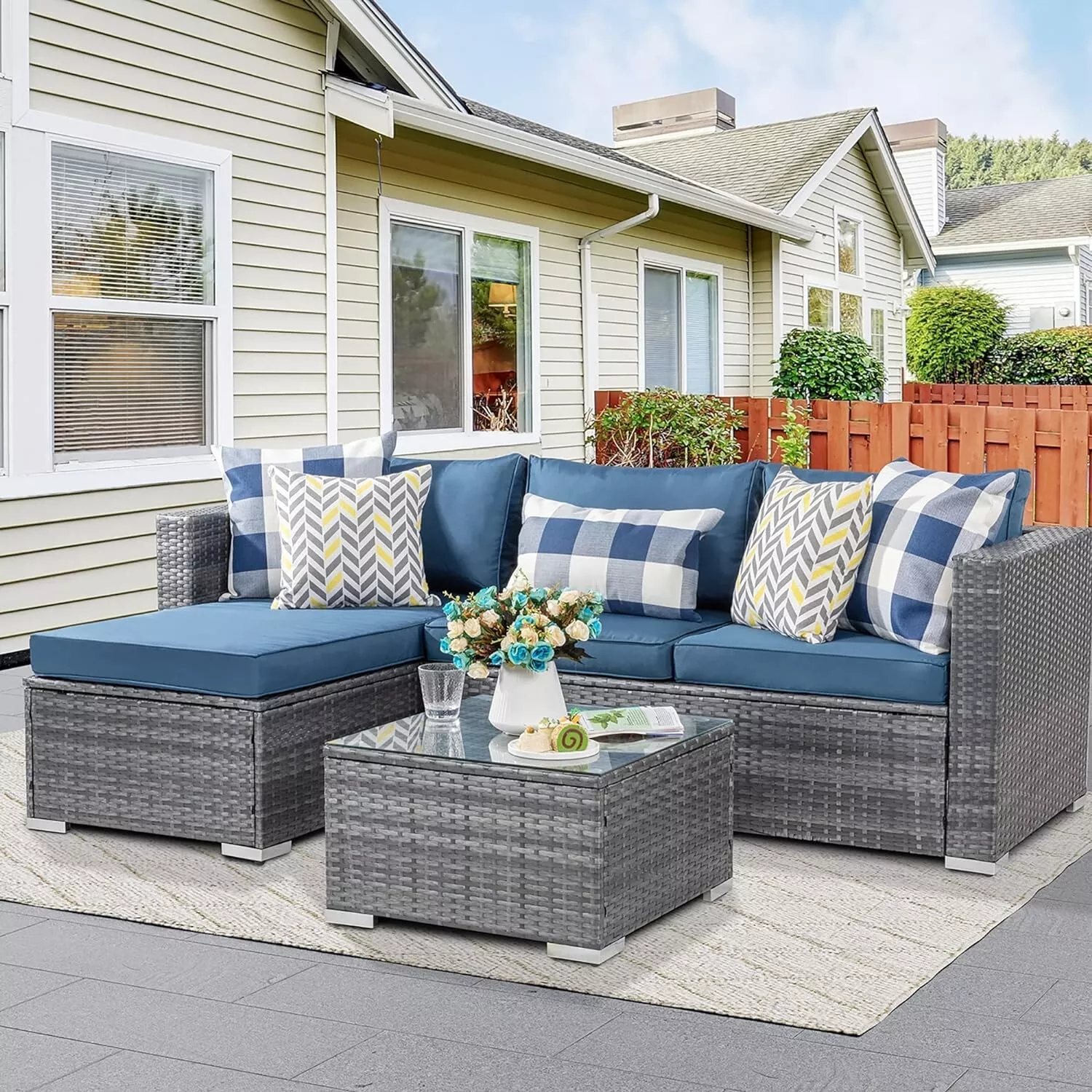 Gray Outdoor Rattan Wicker Sectional Sofa Furniture Set with Table - Blu... - $532.32 CAD