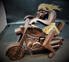 Primitive Tiki Java Tribal Man on Motorcycle Hand Carved Wooden Sculpture 9&quot; - £23.65 GBP