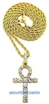 Ankh Iced Out Small Egyptian Cross Pendant Necklace With 24 Inch Rope Chain - $12.50