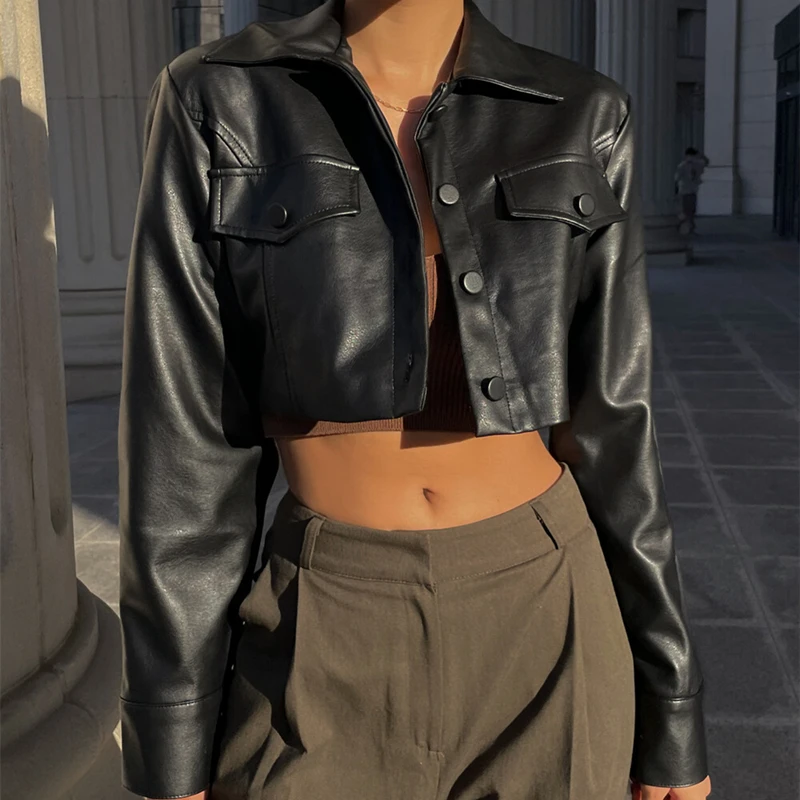 Mery Faux Leather Short Jacket Y2K Turn-down Collar Fashion Coat Jackets - $845.91 MXN