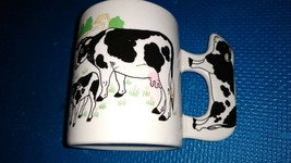Ceramic Collectible Black &amp; White Holstein Cow Shaped Handle Mug Calf in Pasture - £7.03 GBP