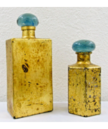 Pair of Mexican Glass Gold Leafed Blue Glass Stopper Decorative Bottles - $134.32 CAD