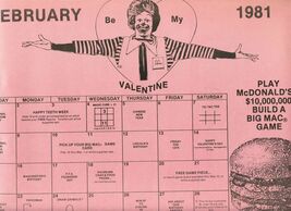 McDonald's February 1981 Placemat Be My Valentine Ronald McDonald - $17.82