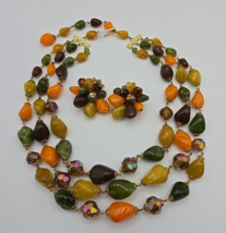 Vintage W Germany 3-Strand Bead &amp; Polished Stone Necklace &amp; Clip Earrings - £37.42 GBP