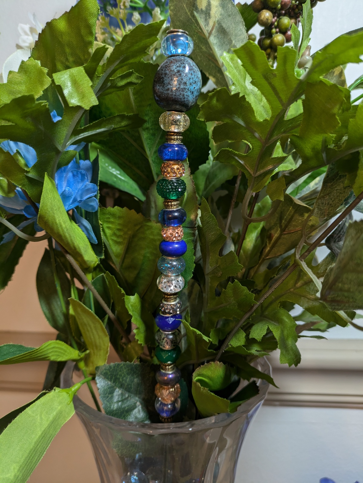 Garden Stake with Blue Green and Yellow Beads on Green Knitting Needle - $12.00