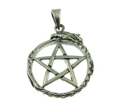 Handcrafted 925 Sterling Silver Ouroboros Serpent Pentacle Pentagram Pendant - £26.48 GBP