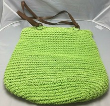 Lime Green Woven Beach Bag Purse Tote Brown Faux Leather Straps Pool - £31.96 GBP