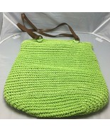 Lime Green Woven Beach Bag Purse Tote Brown Faux Leather Straps Pool - £31.49 GBP
