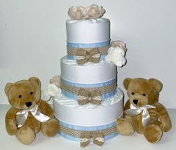  Teddy Bear Twins Theme Shabby Chic Light Blue Baby Shower Burlap Diaper Cake - £63.94 GBP