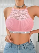 Floral Lace Ribbed Glitter Straps Vest Top, Simple Elastic Breathable To... - $8.80
