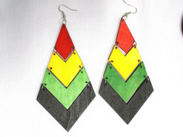 Huge Red Yellow Green Black Islander Rasta Wood 4 Tier Dangling 5&quot; Earrings - £7.98 GBP