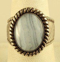 Vintage Sterling Silver Signed Carolyn Pollack Blue Lace Agate Oval Stone Ring - £58.33 GBP