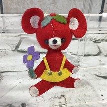 Vintage Plush Felt Teddy Bear Red Made In Japan Ornament Purple Flower - £15.78 GBP