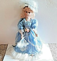 20&quot; Porcelain Doll Blonde Hair Blue Victorian Dress Lace Roses Pearls  - £34.53 GBP