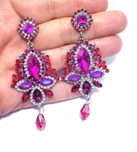 Rhinestone Beaded Earrings, Chandelier Drop Earrings, Pink Pageant Earrings, Gif - £30.03 GBP