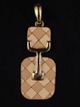 Ladies Necklace Pendant Gold Tone &amp; Beige 3.75&quot; Large Modern Geometric Checkered - £7.77 GBP