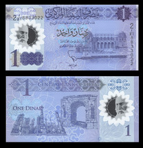 Libya Pnew, 1 Dinar, bank / oil refinery, Arch of Aurelius 2019 UNC see ... - $2.11