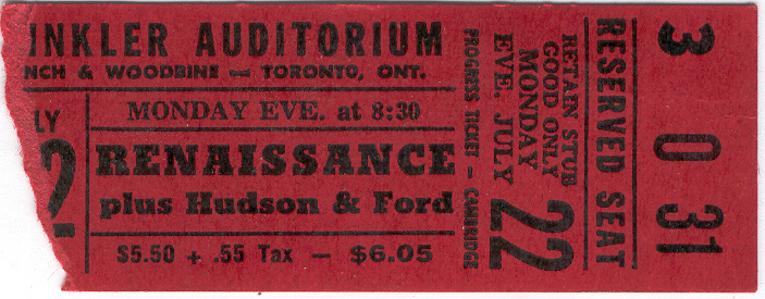 RENAISSANCE Concert Toronto Vintage Ticket Stub 1974 With Hudson &amp; Ford ... - $9.75