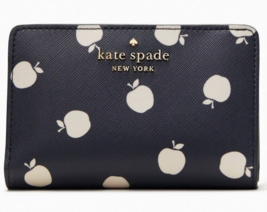 Kate Spade Staci Navy Blue White Apple Medium Compact Bifold Wallet K8304 NWT FS - £53.18 GBP