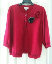  Women&#39;s Designer Originals Red Cardigan Sweater W/Buttons &amp; knitted Flowers-M - £15.90 GBP