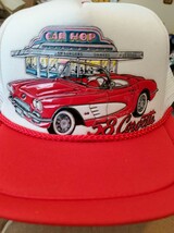 OLD VTG &#39;58 Corvette on White Trucker&#39;s mesh ballcap with red bill - $380.79 MXN