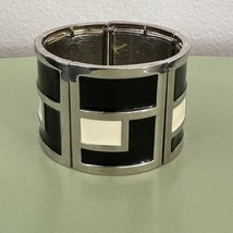 Chicos Silvertone Black White Geometric Modern Stretch Wide Bracelet - £15.44 GBP