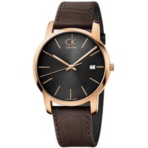 Calvin Klein K2G2G6G3 Mens City Gold Plate Black Dial Brown Leather Watch - £208.51 GBP