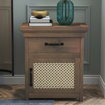 Rustic Nightstand with Drawer and Rattan Design Cabinet - £137.90 GBP