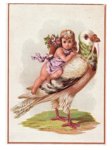 Victorian Trade Card 1900&#39;s Child With Pink Flowers Riding a Dove Green ... - £14.22 GBP