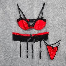 Exposed Red Magic Silk Demi Bra, Garter &amp; Tanga Set Women&#39;s Size 1-2X NEW - $16.82