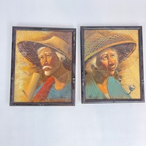 Vintage Paintings on Tobacco Leaf Bamboo of Asian Women &amp; Asian Man Framed - £34.49 GBP