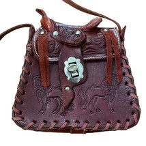 Western Saddle Purse Red Tooled Mexican Leather Mini Crossbody 6x6x3 Horses - $50.00